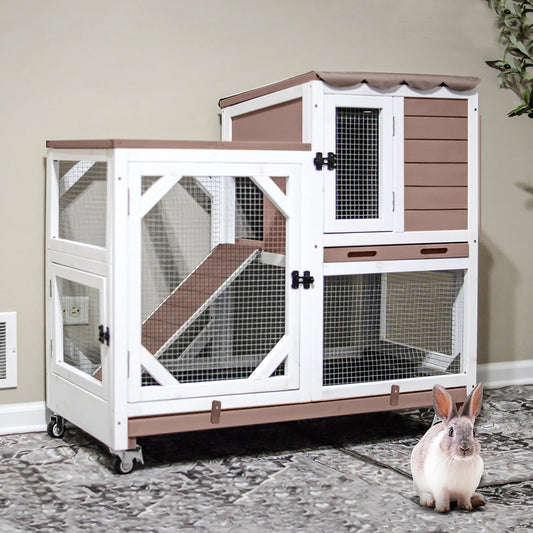 Gutinneen 2-Story Rabbit Hutch with Chew-Proof Ramp & Leak-Proof Trays - Indoor/Outdoor 39.3" Wooden Rabbit Cage with Wheels for Rabbits, Guinea Pigs