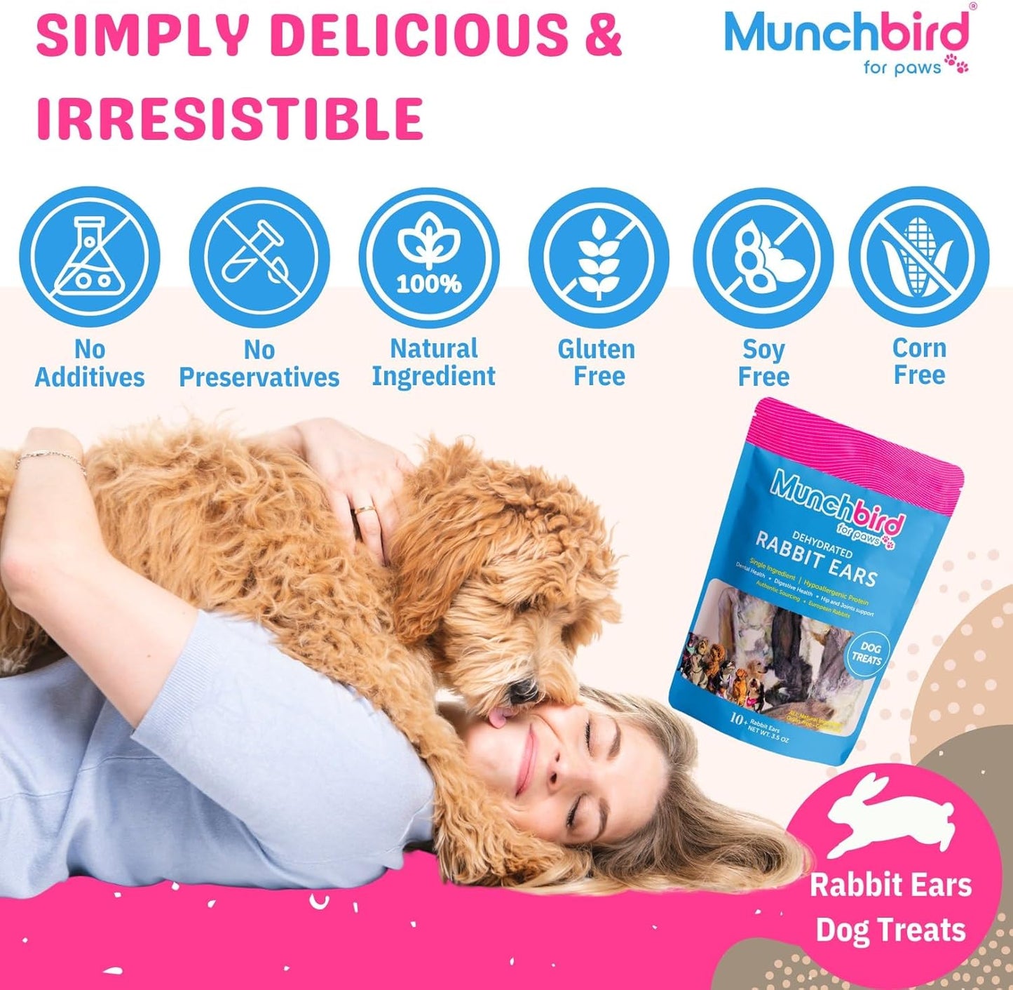 Munchbird Rabbit Ears Freeze Dried Chicken Food Topper for Dogs Bundle