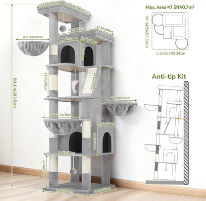 Globlazer Extra Large Cat Tree Tower 80in XXL Tall Cat Tree for Multiple Indoor Cats Large Adult Kittens with Scratching Posts, 2 Widened Perches, Adjustable Baskets, 2 Cozy Condos, S80G, Light Grey