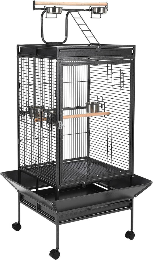 65 Inch Playtop Wrought Iron Large Parrot Bird Cages with Rolling Stand,4 Stainless Steel Bowls,Slide-Out Tray for Cockatiels Quaker Conure Parakeet Lovebird Finch Canary Small Medium Parrot Cage