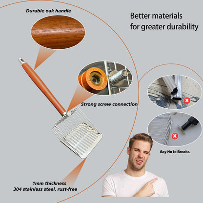 Metal Cat Litter Scoop with Holder, 10.9" Long Oak Handle Stainless Steel Litter Scooper for Deep Litter Boxes (2-in-1 Gap Design)