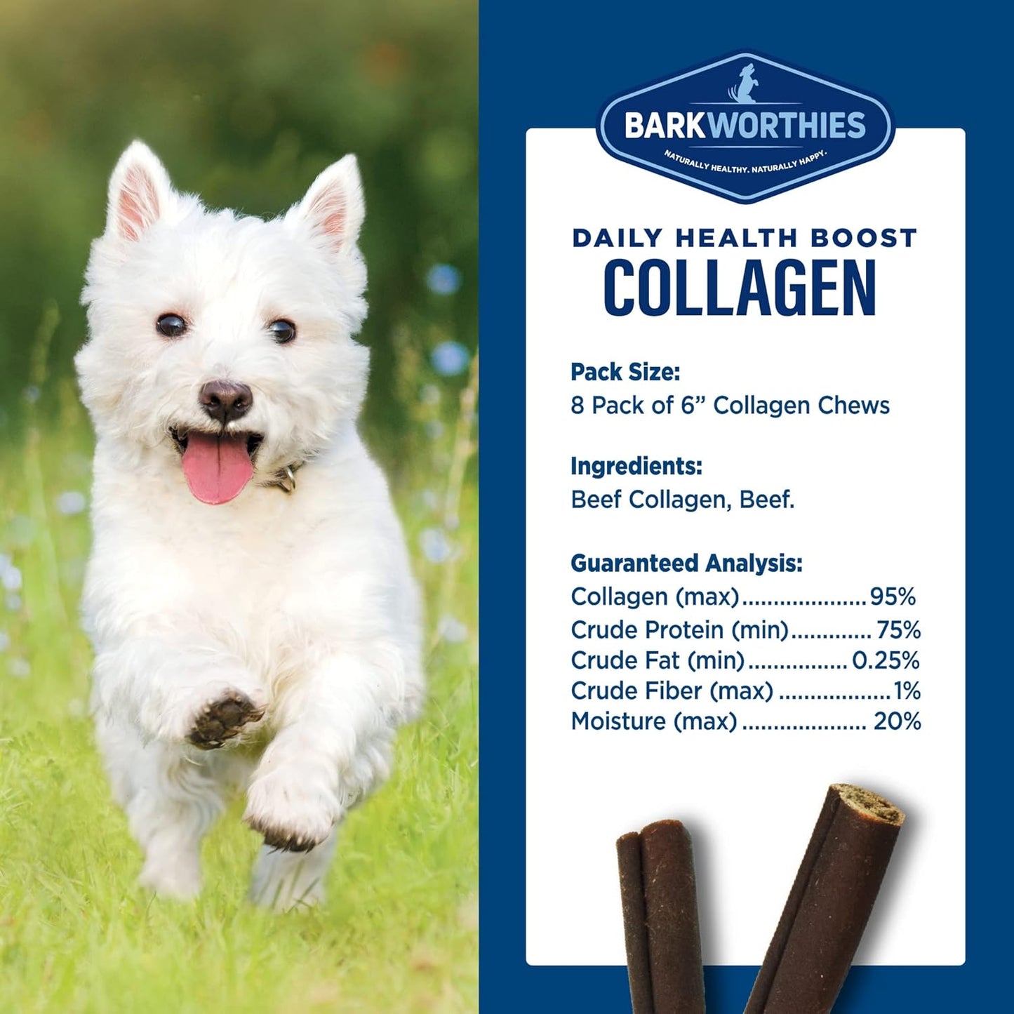 Barkworthies Plain Collagen Sticks - 6 Inch 8 Count (Pack of 1) - Long-Lasting, Single Ingredient