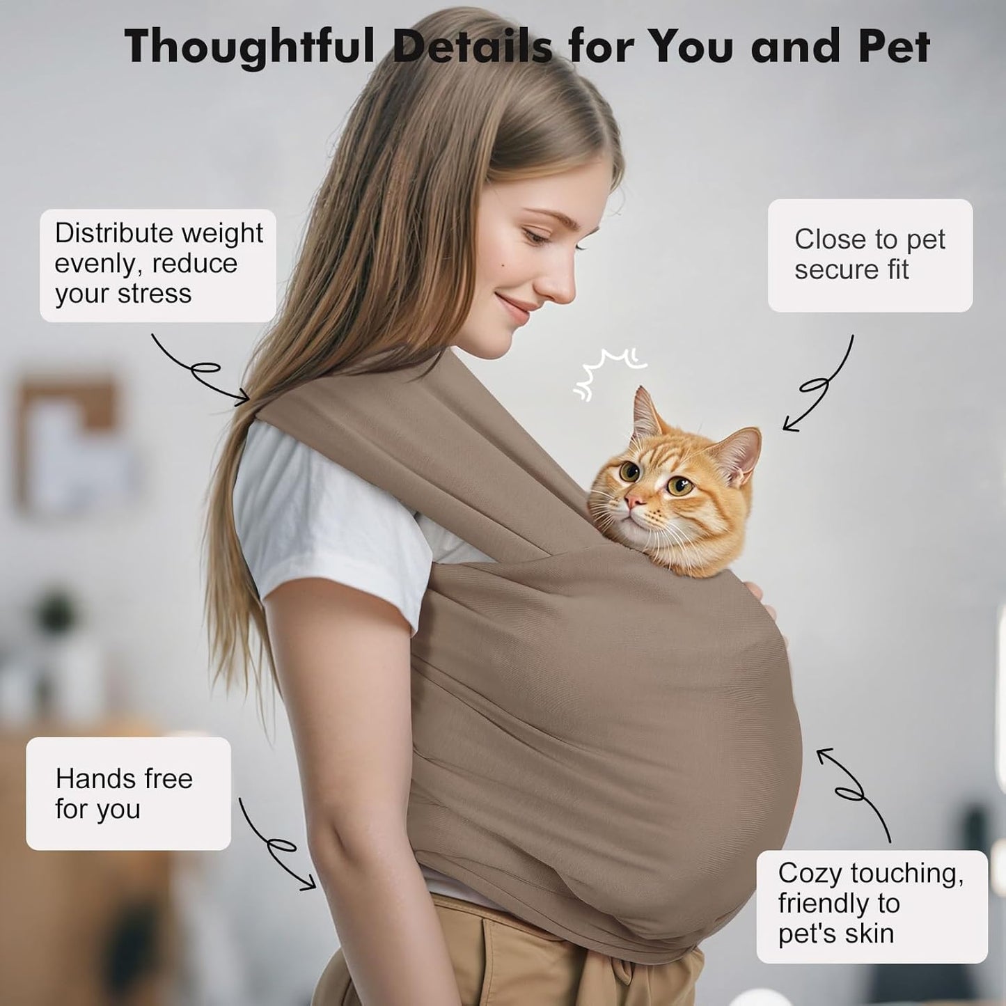 Pawaboo Pet Sling Carrier for Small Dogs and Cats, Hands Free Dog Carriers Sling, Anti-Anxious Soft Cotton Front Facing Cat Carrier Papoose, Puppy Kitten Pouch Reduce Back Neck Pain, Brown