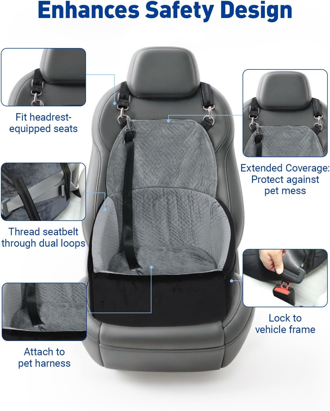 Dog Car Seat for Small Dogs, Pet Booster Seat with Extendable Backrest, Pet Car Seats up to 30 lbs, Washable Removable Cover Travel Bed with Storage Pockets and 2 Safety Leashes, Black&Grey
