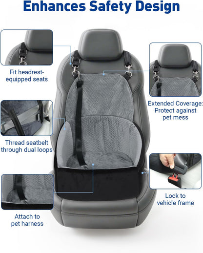 Dog Car Seat for Small Dogs, Pet Booster Seat with Extendable Backrest, Pet Car Seats up to 30 lbs, Washable Removable Cover Travel Bed with Storage Pockets and 2 Safety Leashes, Black&Grey