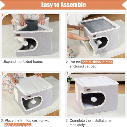 Cat Bed for Indoor Cats Cube House, Covered Cat Cave Beds & Furniture with Scratch Pad and Hideaway Tent, Cute Modern Cat Condo for Multi Small Pet Large Kitten Kitty, Grey