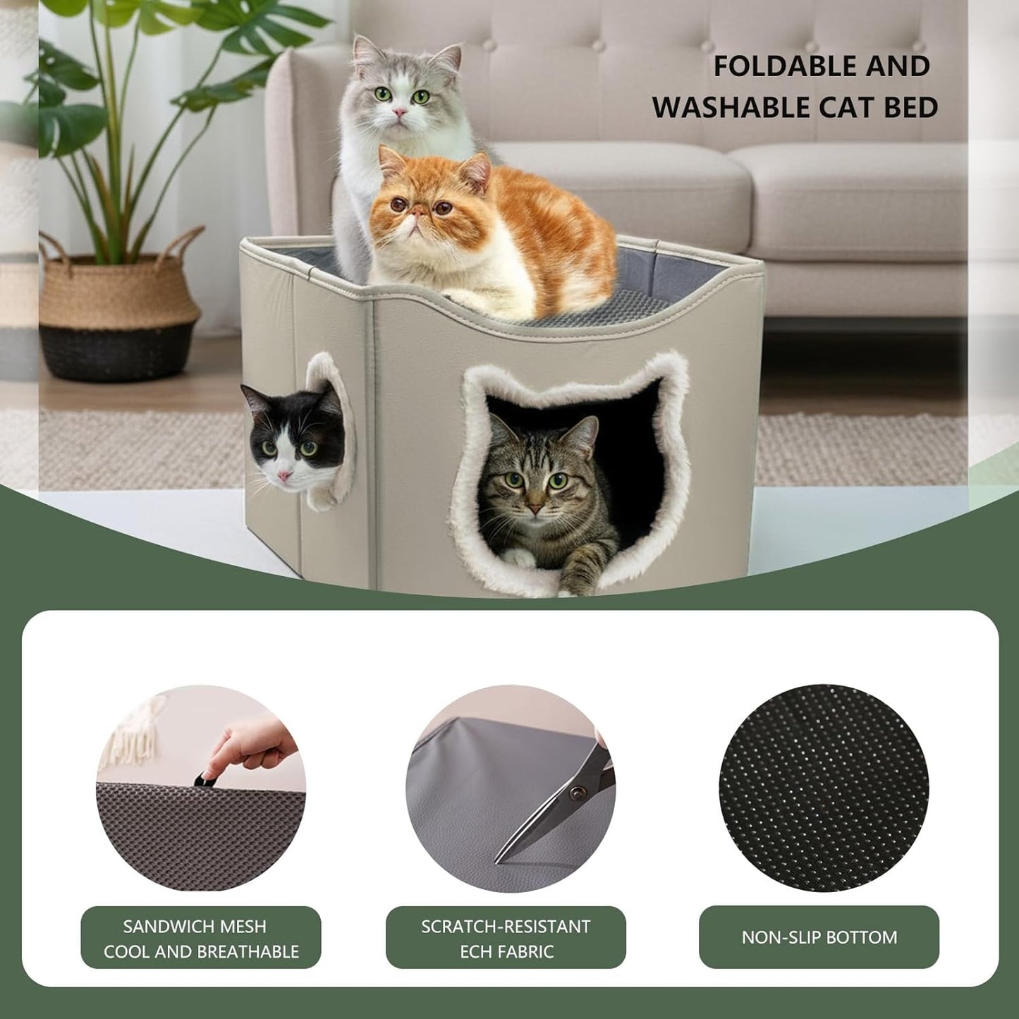 Cat Beds for Indoor Cats, Large Cat Houses with Cozy Condo,with Premium Tech Fabric& Scratch Pad, Round Window, Foldable Indoor Cat House Hold Up to 30LBS, with Reversible Cushion for Multi Small Pet