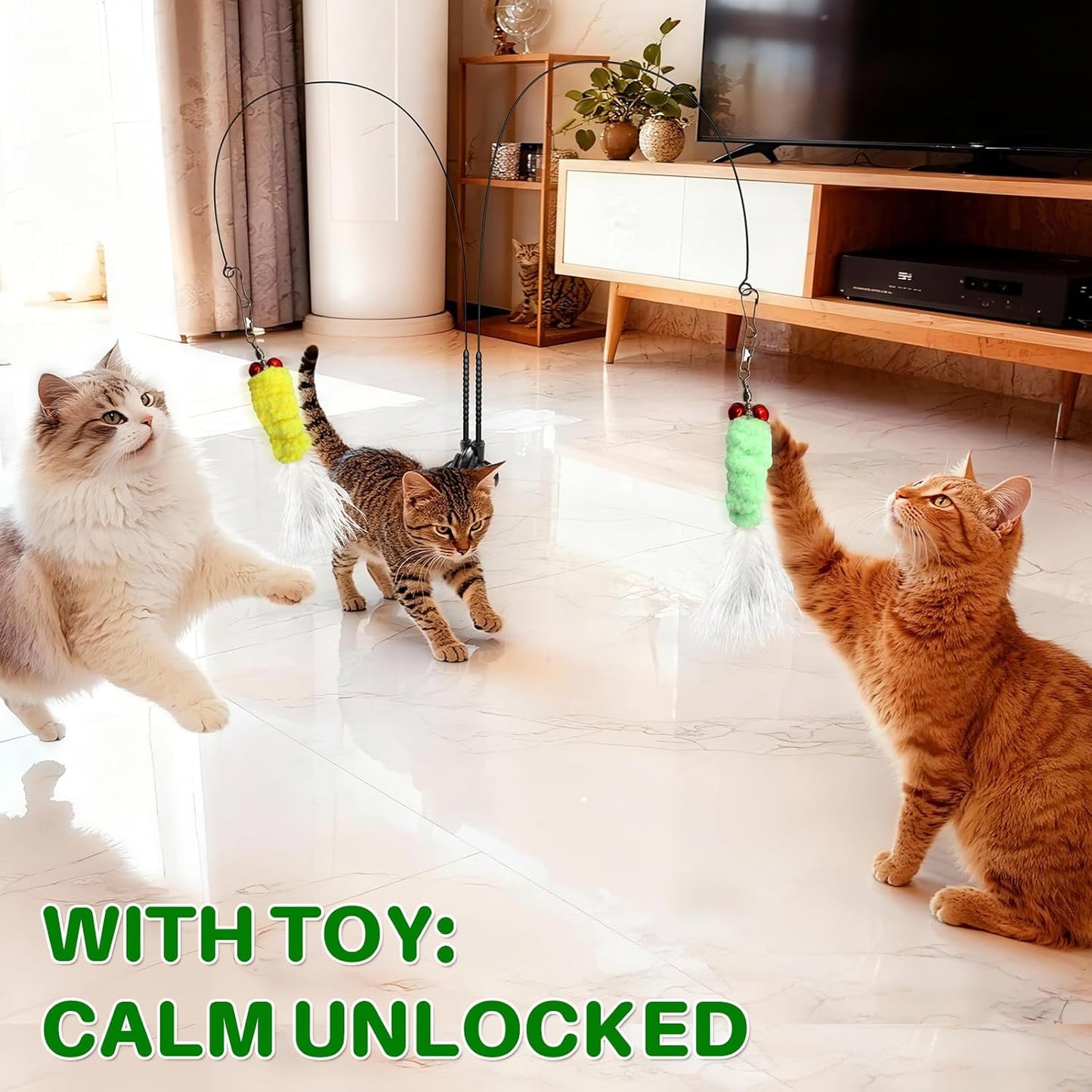 Cat Toys Interactive Teaser Wand, Feathered Fish Toy with Suction Cup Base, Realistic Fish & Feather Attachments for Multi-Cat Households, Perfect for Independent Play, Ideal for Cats & Kittens