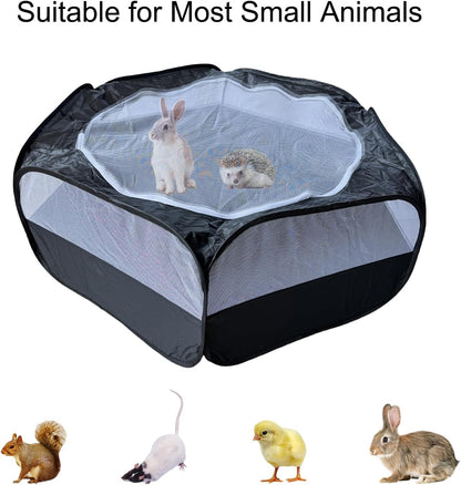 Small Animal Playpen with Zippered Mesh Cover - Portable Foldable Chicken Brooder Box, Indoor Outdoor Enclosure for Guinea Pigs, Bunny, Rabbits, Ferrets, Chinchillas, Kittens (Black)