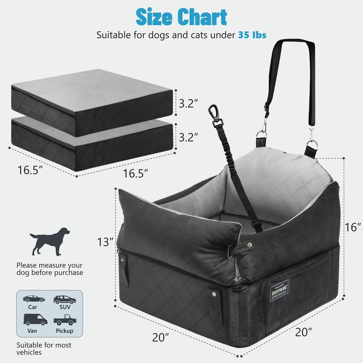 EASTBLUE Dog Car Seat for Small Medium Dogs Up to 35 lbs, 2 Memory Foam Pads Dog Booster Car Seat with Seat Belt, Washable Pet Carseat for Puppy & Cat, Dogs Travel Bed for Cars (Black/Grey-Velvet)