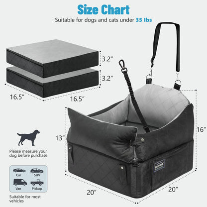 EASTBLUE Dog Car Seat for Small Medium Dogs Up to 35 lbs, 2 Memory Foam Pads Dog Booster Car Seat with Seat Belt, Washable Pet Carseat for Puppy & Cat, Dogs Travel Bed for Cars (Black/Grey-Velvet)