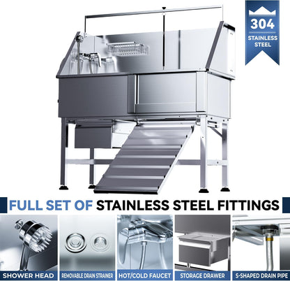 46" Dog Washing Station, Professional Stainless Steel Dog Bathtub w/Ramp & Storage Drawer, Adjustable Grate, Non-Slip Design, Home Grooming & Large Dogs (Right Ramp)
