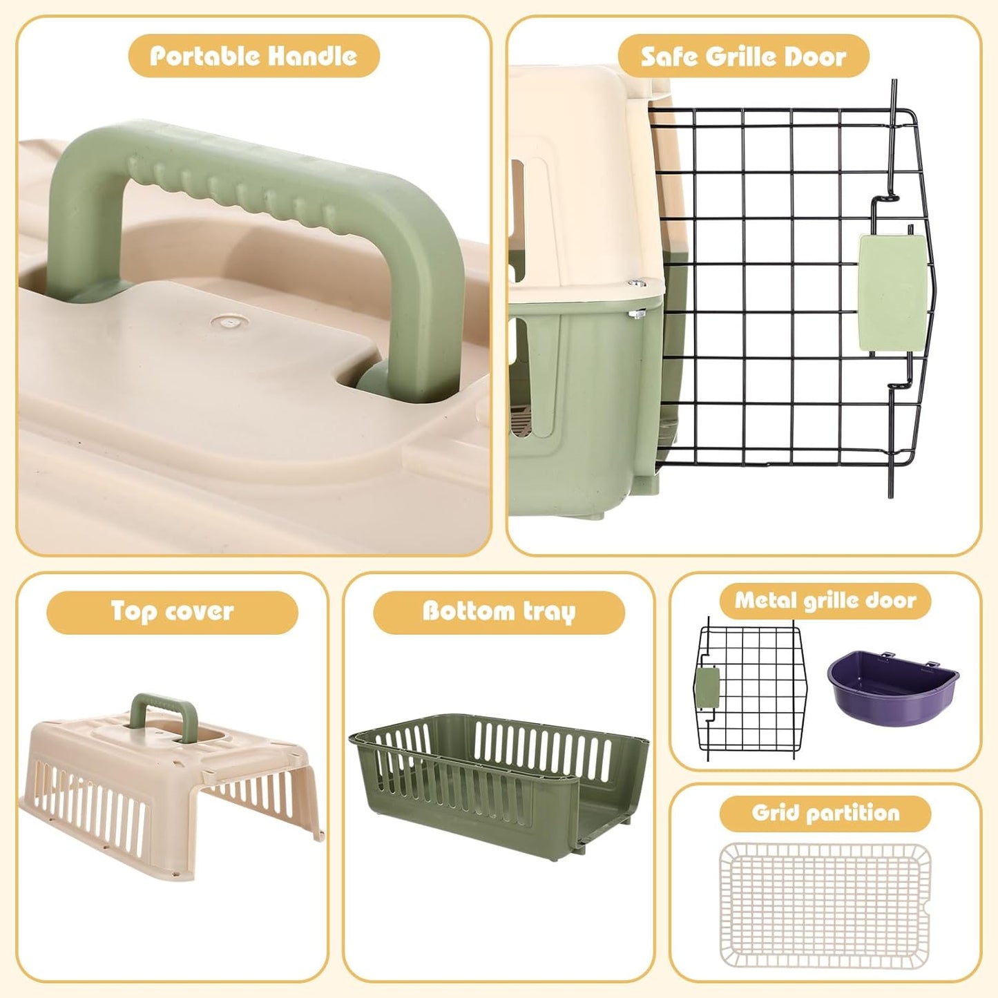 2 Set Travel Pet Carrier Small Plastic Hard Cat Dog Carrier with Bowl Wire Door and Grille Mat Breathable Portable Puppy Kennel for Walking Camping Veterinary Visits (Green White)