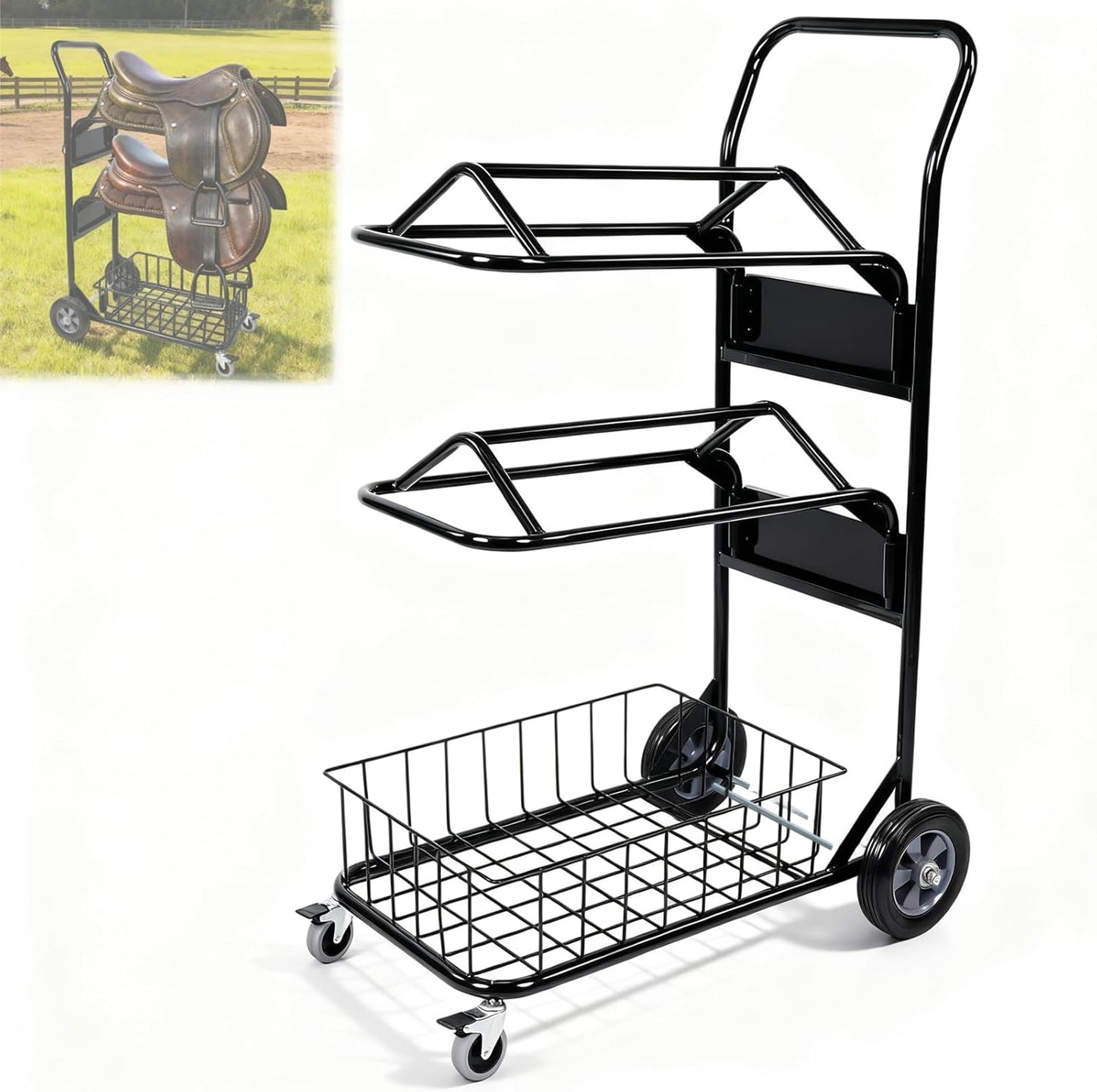 2 Tier Rolling Saddle Rack Cart with Basket,32" ×17",Foldable Horse Tack Cart with Wheels, Load 220 Lbs Capacity, Heavy Duty Horse Trailer Organizer, for Moving, Organize Tack