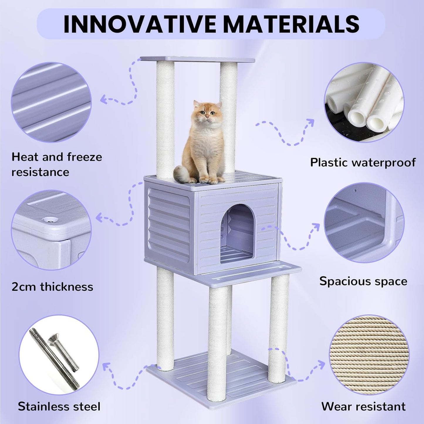 61.5” Indoor and Outdoor Cat Tree Tower, Cat House for Outdoor Cats, Weatherproof Large Cat Condo with Scratching Posts for Catio