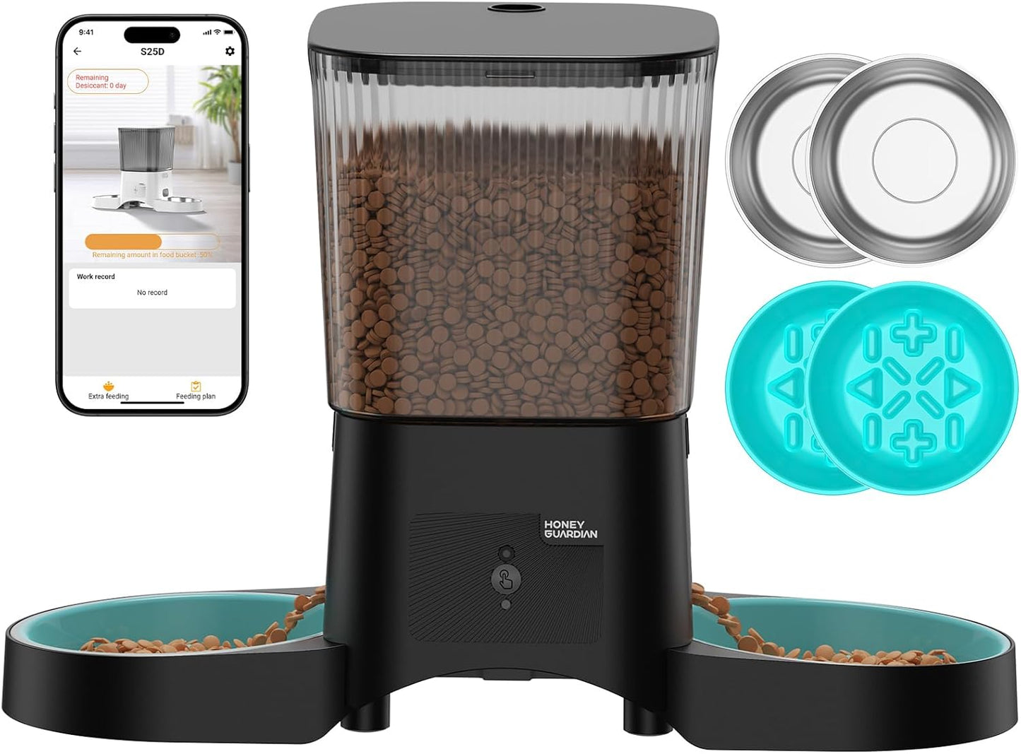 HoneyGuaridan Automatic Cat Feeder with 2.4G/5G WiFi,3.5L Cat Food Dispenser with APP Control – Includes 2 Stainless Steel Bowls & 2 Slow Feeder Anti-Choking Bowls, Four Anti-Slip Feet Black
