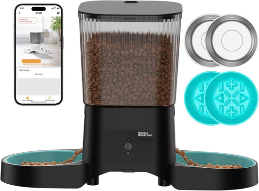 HoneyGuaridan Automatic Cat Feeder with 2.4G/5G WiFi,3.5L Cat Food Dispenser with APP Control – Includes 2 Stainless Steel Bowls & 2 Slow Feeder Anti-Choking Bowls, Four Anti-Slip Feet Black