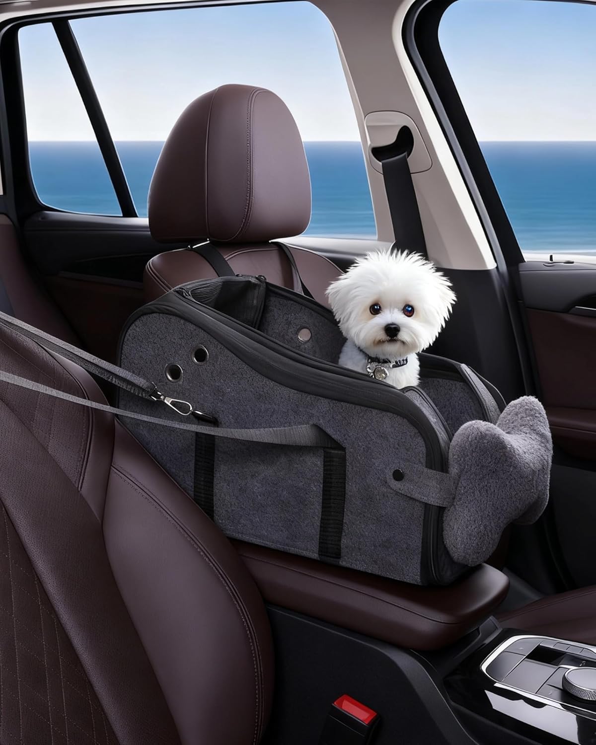 Center Console Dog Car Seat for Small Dogs 0-15 lbs, Pet Car Bed with Adjustable Safety Straps & Hook, Secure Comfortable Puppy Seat for Middle Console