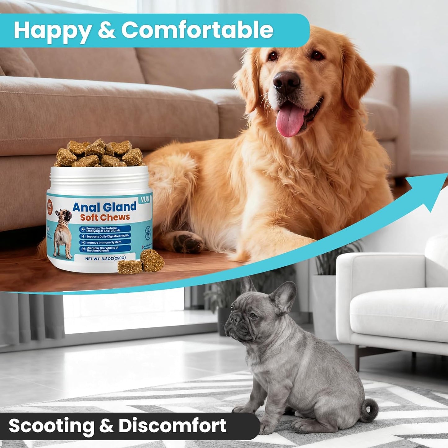 VUN Dog Anal Gland Chews,Stop Scoot Digestive Support with Pumpkin, Fiber & Probiotics,Anal Gland Relief for Dog,Scoot Relief & Healthy Bowel Function – 100 Chews