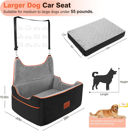 Dog Car Seat for Large or Medium Sized Dog, Detachable Washable Pet Car Seat, Fits Pets Under 55 lbs or 2 Small Dogs, Multi-Functional Dog Booster Seat, Travel Dog Bed for Car, Black&Grey