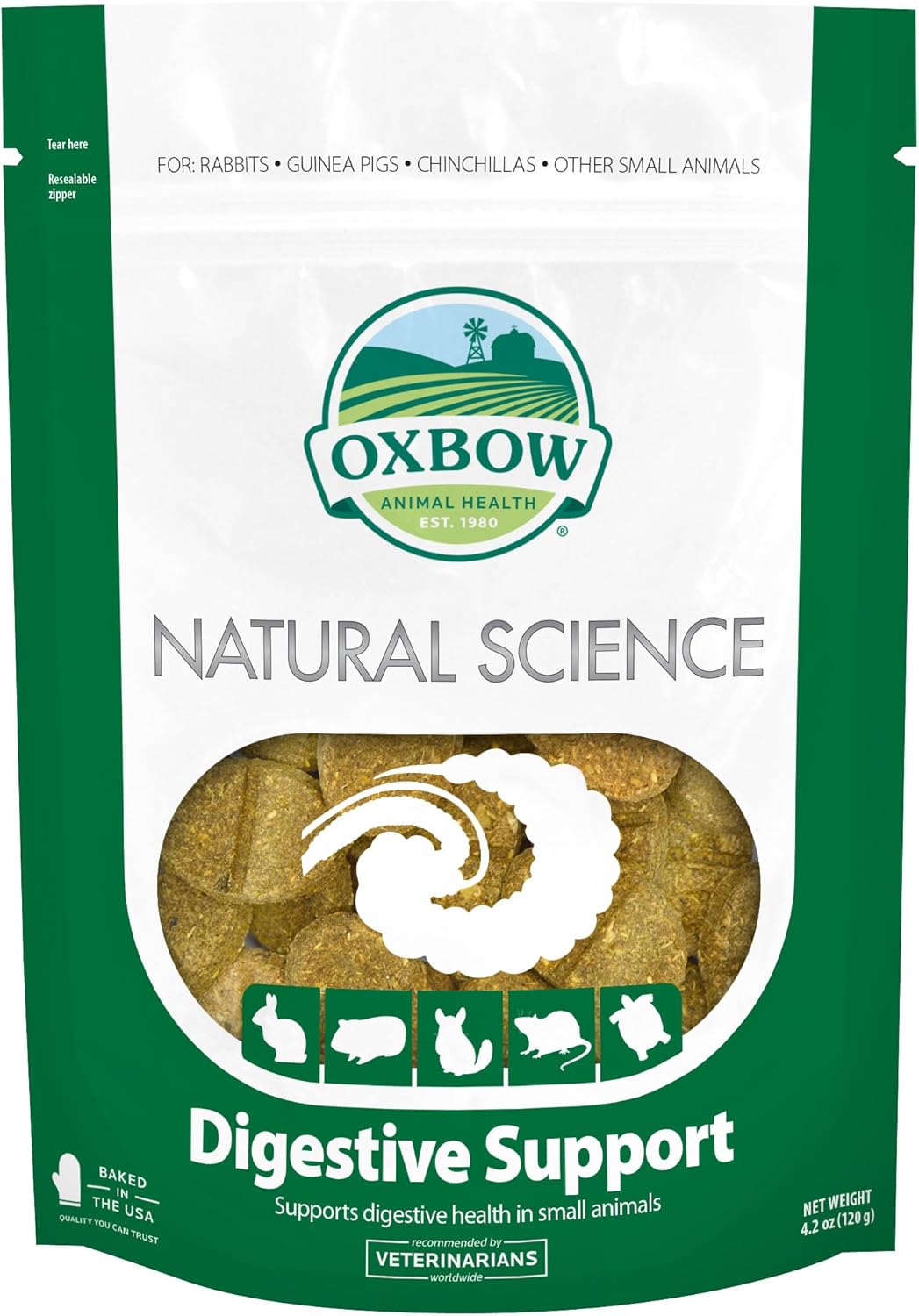 Oxbow Natural Science Digestive Support, High Fiber Supplement for Rabbit & Guinea Pig, Made with Timothy Hay, Includes Chicory Root, Ginger Root, Chamomile, Made in USA, 4.2 oz Bag
