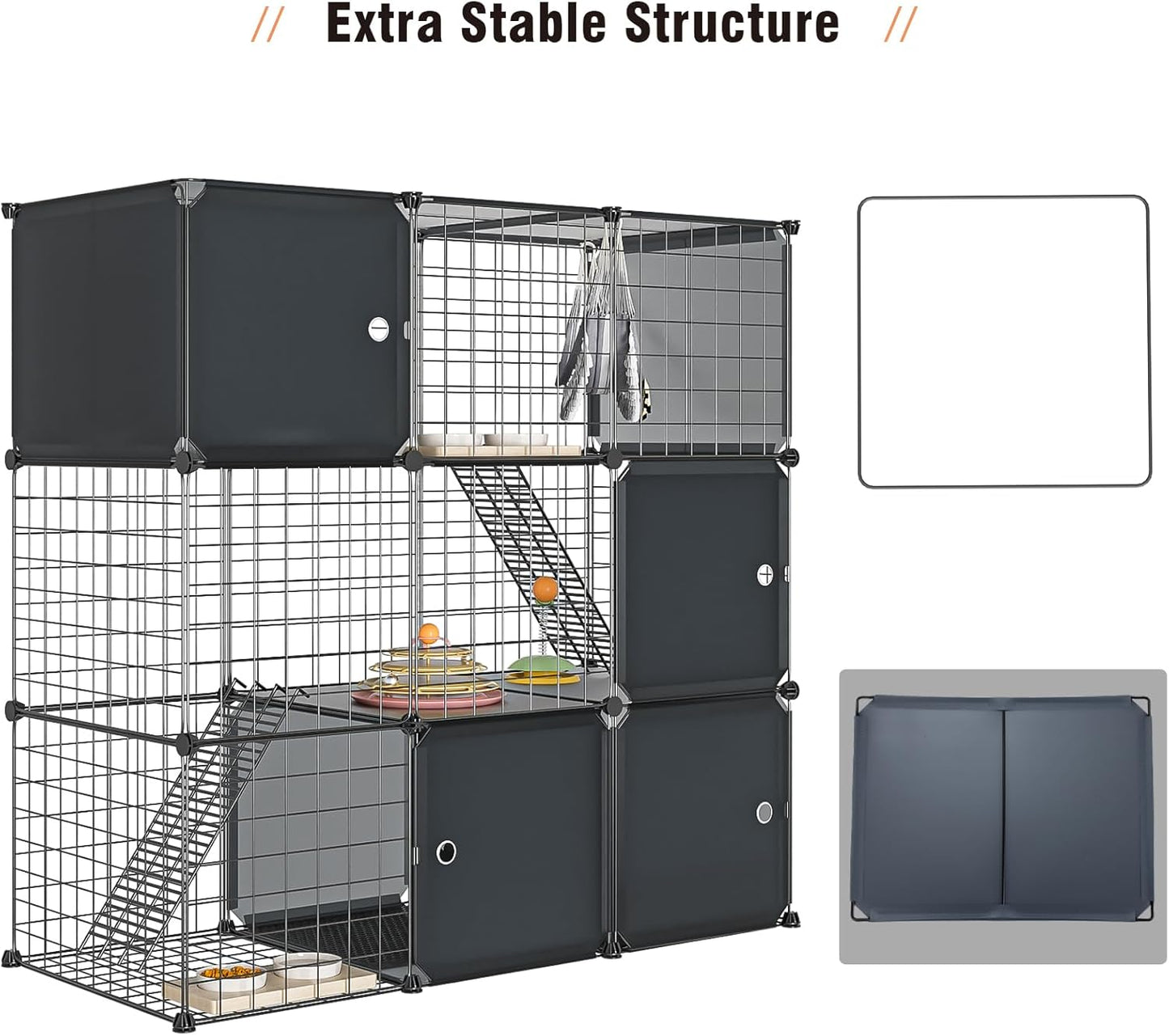 3-Tier Large Cat Enclosure Indoor & Outdoor with Litter Box, Detachable Multifunctional Catio Playpen - DIY Metal Wire Kennel Cage for Cats