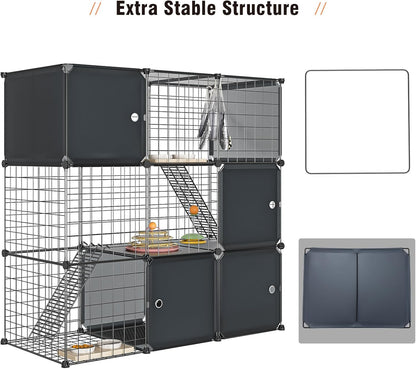 3-Tier Large Cat Enclosure Indoor & Outdoor with Litter Box, Detachable Multifunctional Catio Playpen - DIY Metal Wire Kennel Cage for Cats