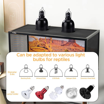 Reptile Light Fixture, 2-Pack 5.5-Inch Deep Dome Lamp Caps with Optical Reflection Cover, Heat-Resistant Design for Reptile Enclosures, Terrariums, and Amphibian Habitats