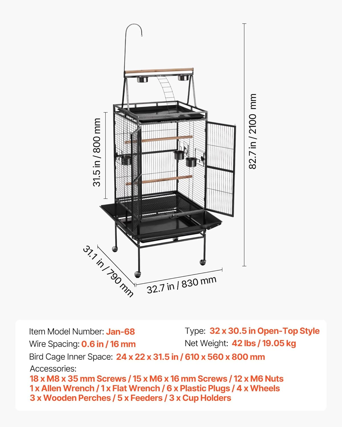 VEVOR Bird Cage, 32.7 x 31.1 x 82.7 inch, Open Flat Top, Wrought Iron Bird Flight Cage with Perches, Slide-Out Tray, Plastic Feeders, for Cockatiel, Monk Parakeet, Amazon Parrot, African Grey Parrot