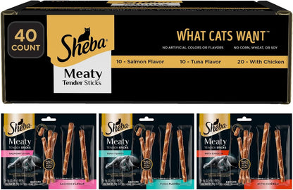 Sheba Meaty Tender Sticks Soft Cat Treats Chicken, Tuna, and Salmon Flavor, 0.14 oz., 40 Sticks