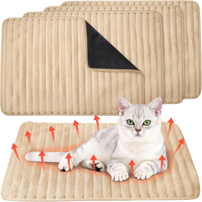 Nuanchu 4 Pack Self Warming Cat Bed 24"x18" Self Heating Dog Cat Pad Bulk Crate Bed Extra Warm Thermal Big Pet Pad for Indoor Outdoor Pets Houses with Removable Washable Cover Non Slip (Apricot)