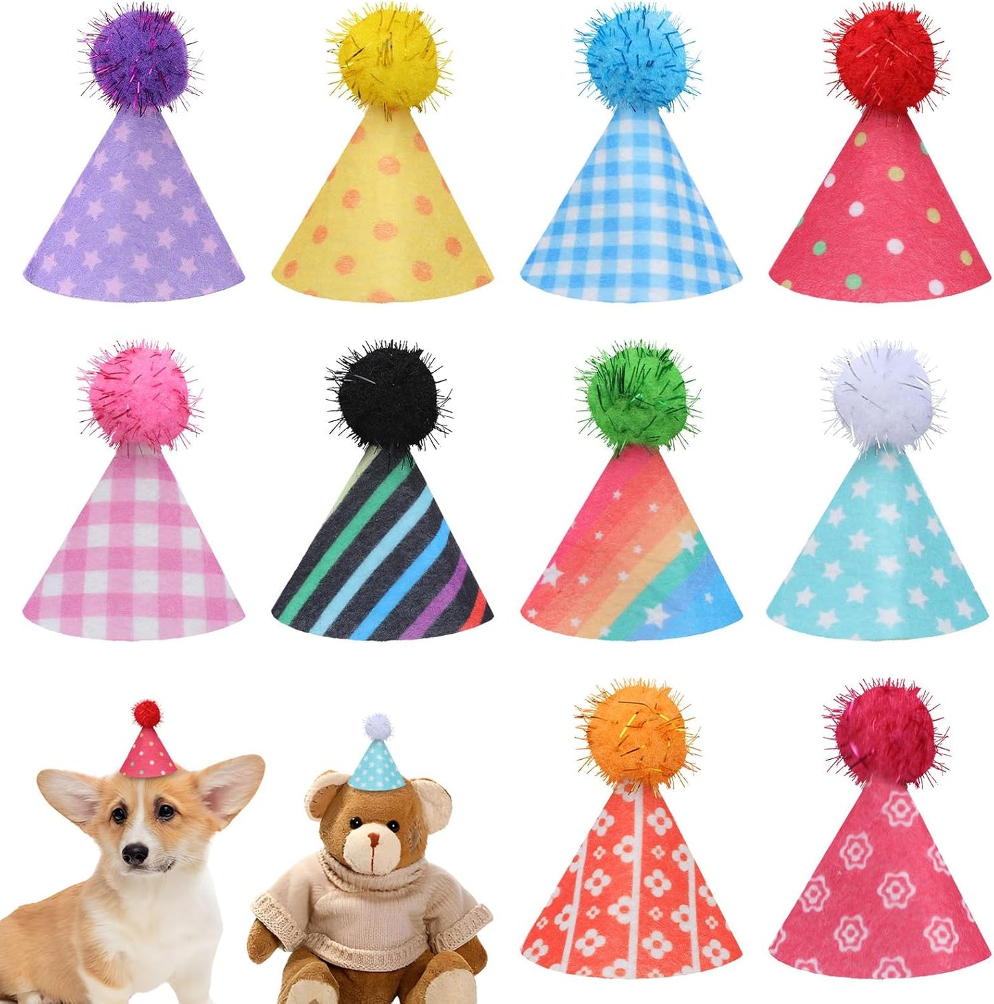 Yolev 10Pcs Mini Party Hats Colorful Mini Birthday Hats Small Dog Hat with Adjustable Strap and Glitter Pom Poms Hat for Dogs Cats Pet Animals Party Grooming Costume Birthday Cake Accessories