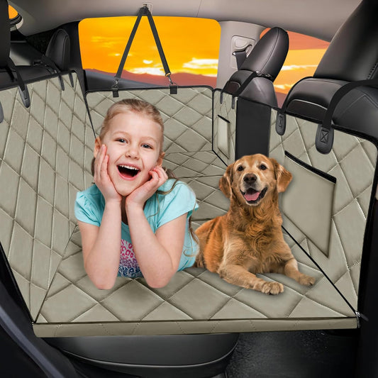 Back Seat Extender for Dogs-Large Space, Dog Car Seat Cover Hard Bottom Holds 420lbs, Sturdy Backseat Extender for Dogs, Upgraded Material,Waterproof Dog Hammock for Car SUV, Truck Khaki