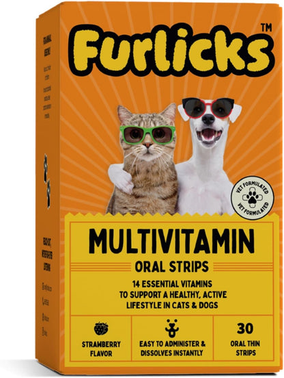 Furlicks Multivitamin for Dogs & Cats | Vitamins C, K2, B, D, A, Omega, Calcium & Zinc for Growth & Development, Heart, Liver & Joint Health, Performance & Immunity (30 Oral Dissolving Strips)