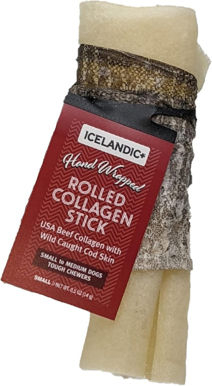 Icelandic+ Rolled Collagen Stick: Beef & Cod Skin - 4" Dog Crew Treat, Hand-Wrapped Fish, 2 Ingredient Pet Snacks, Dental Health, Rawhide Alternative (Pack of 6)