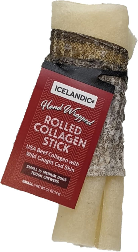 Icelandic+ Rolled Collagen Stick: Beef & Cod Skin - 4" Dog Crew Treat, Hand-Wrapped Fish, 2 Ingredient Pet Snacks, Dental Health, Rawhide Alternative (Pack of 6)