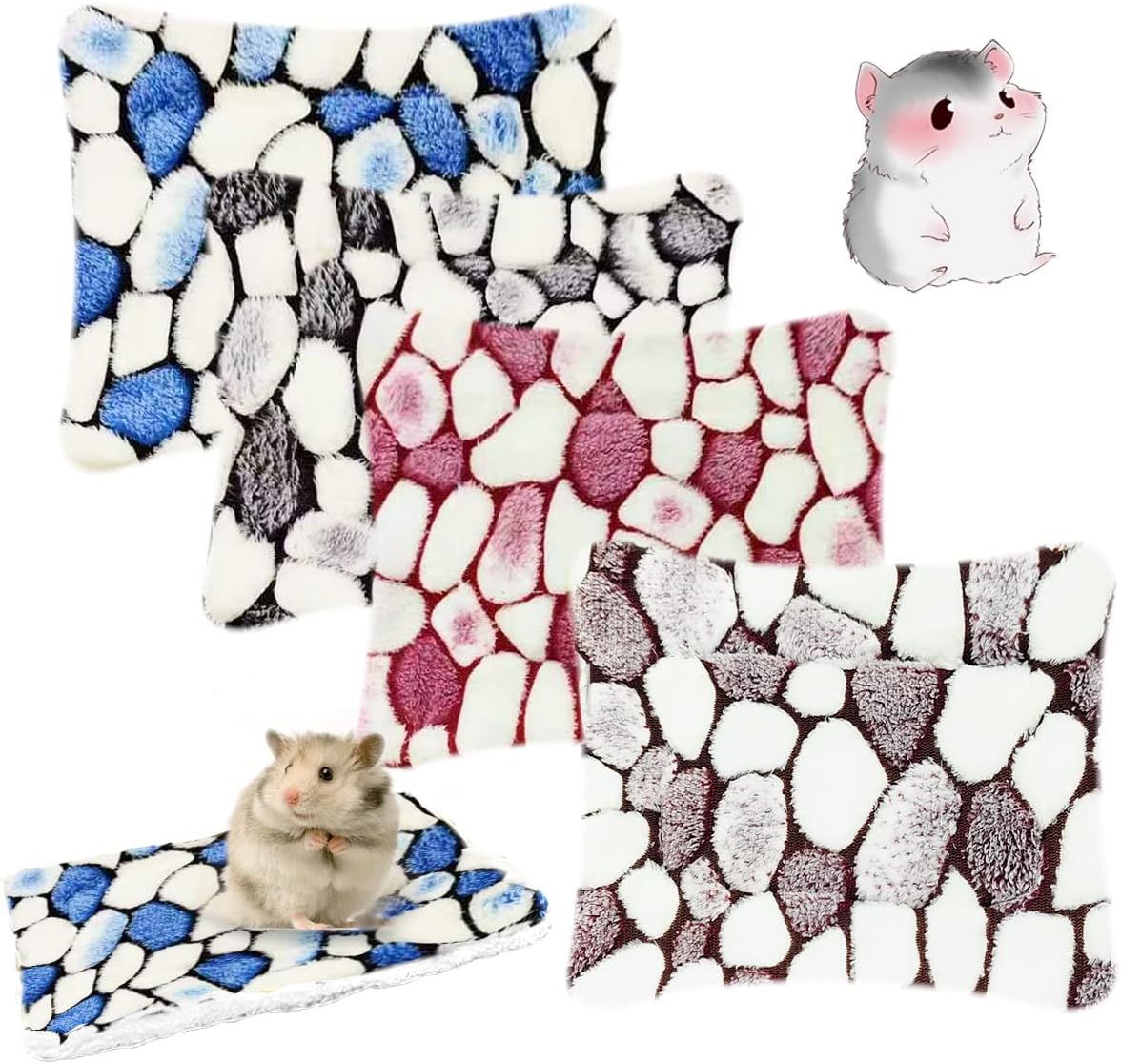 4 Pieces Guinea Pig Bunny Comfortable Bed Mats Pads, Rabbit Warm Soft Bed, Hamster Bedding Pad Mats for Small Animals Chinchilla Hedgehog Baby Cats (7.9"x5.9", 2.Cobblestones Pattern)