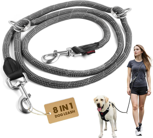 Black 8-in-1 Multifunctional Hands Free Reflective Rope Dog Leash for Medium Large Dogs-8ft Adjustable Heavy Duty Nylon Slip Lead with Double Ended Waist & Crossbody for Tie Out Training & Running