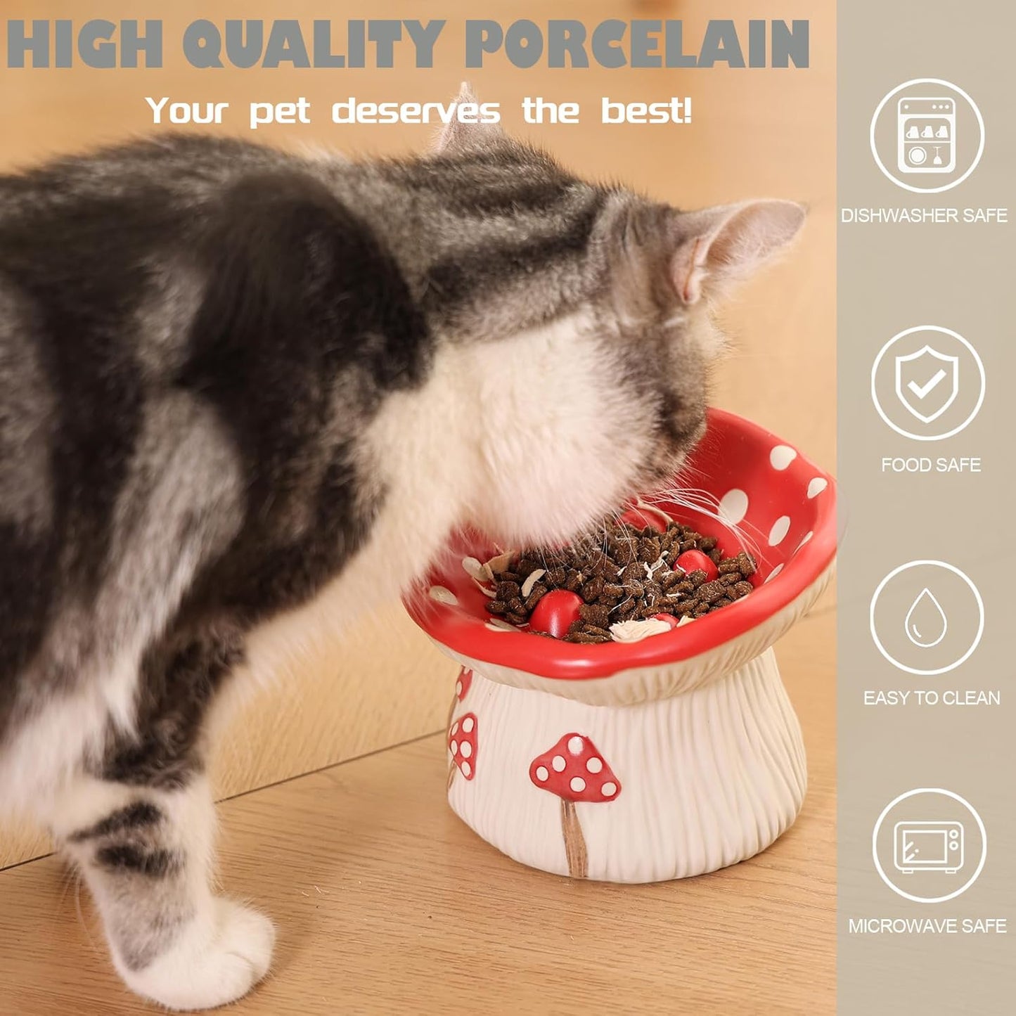 Ceramic Cat Slow Feeder, Cute Mushroom Shape Elevated Food Bowl, Shallow Raised Cat Dish, Anti Vomiting Whisker Fatigue Bowls