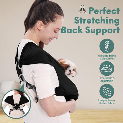 Supet Dog Sling Carrier for Small Pets, Hands Free Cat Sling, Reducing Back Neck Pain Anti-Anxiety Puppy Front, Adjustable Soft Dog Carrying (Black, Plus)