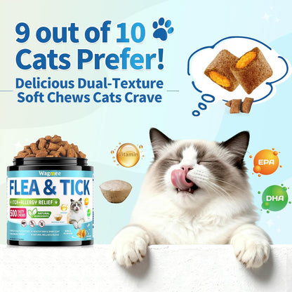 Natural Cat Flea Treatment Chewables – 500 Crunchy & Creamy Tasty Chews, Flea and Tick Prevention for Cats with Skin & Coat Support, Oral Flea & Tick Supplement & Allergy Relief for Cats, Chicken