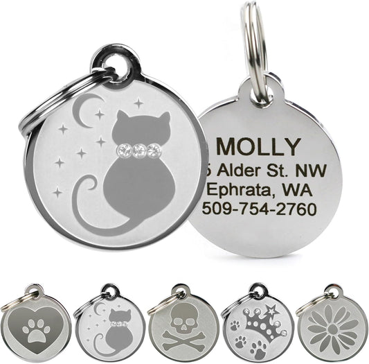 GoTags Designer Pet ID Tags in Stainless Steel for Dogs and Cats, Custom Engraved with 4 Lines of Personalized ID, Cute, Unique Pet Tags in Several Fun Designs