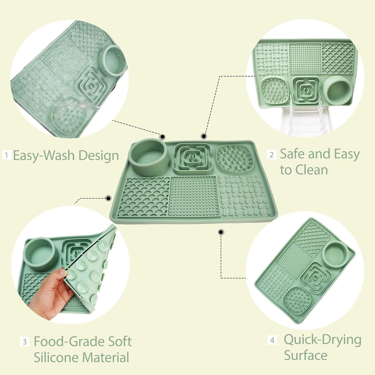 Licking Pad Mats 6 in 1 Green for Butter Yogurt Peanut Frozen Food, Dog Slow Feeder Puzzle Bowl, Silicone Anti-Slip Pets Treats Feeding Mat, Collapsible Dog Water Bowl
