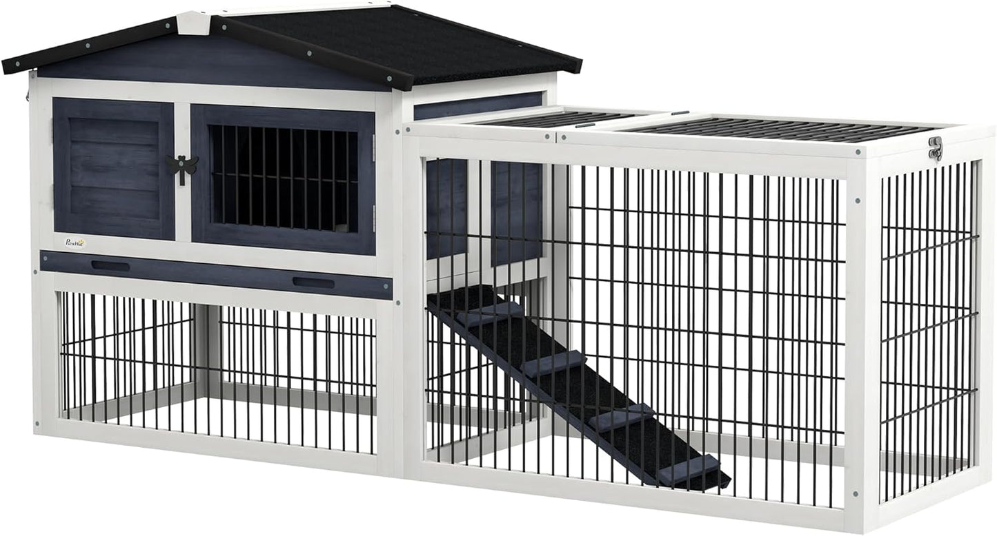PawHut Rabbit Hutch Outdoor Indoor, 54" L Large Rabbit Cage with Waterproof Openable Roof, No-Leak Tray, Ramp, Run, for Bunnies, Guinea Pigs, Dark Gray