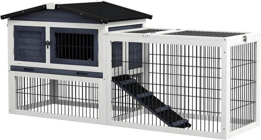 PawHut Rabbit Hutch Outdoor Indoor, 54" L Large Rabbit Cage with Waterproof Openable Roof, No-Leak Tray, Ramp, Run, for Bunnies, Guinea Pigs, Dark Gray