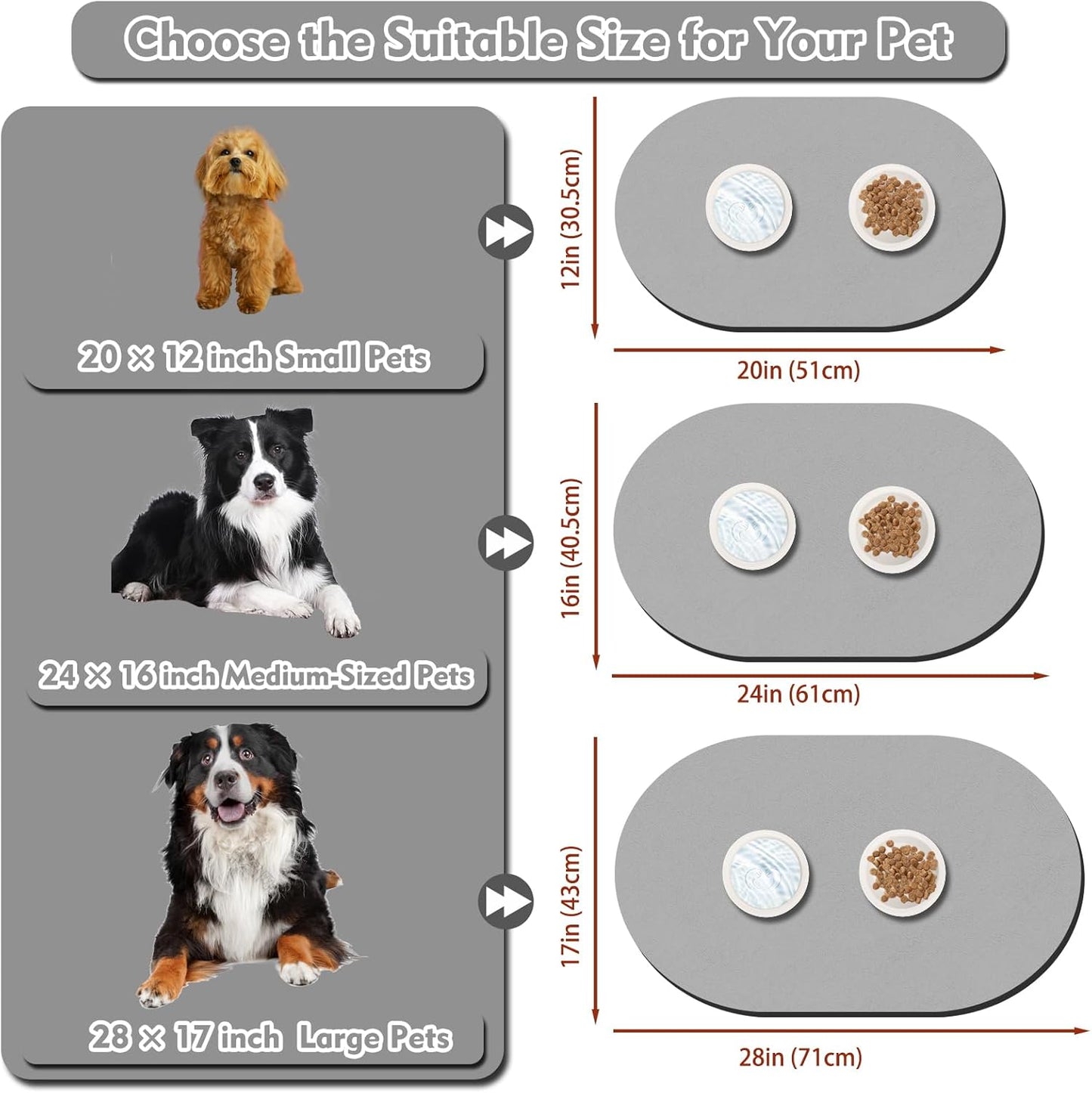 Dog Feeding Mat 24''x16'', Absorbent Pet Food Mat, No Stains Quick Dry Pet Water Mat Protect Floor, Cat Dog Water Bowl Mat for Messy Drinkers, Non-Slip Rubber Base Pet Placemats for Food and Water