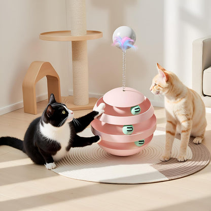Interactive Cat Toy, Wobble Rotating Fun Tumbler Tunnels with Feather Sticks for Indoor Cats to Play Alone, Exercise & Reduce Anxiety (Pink)