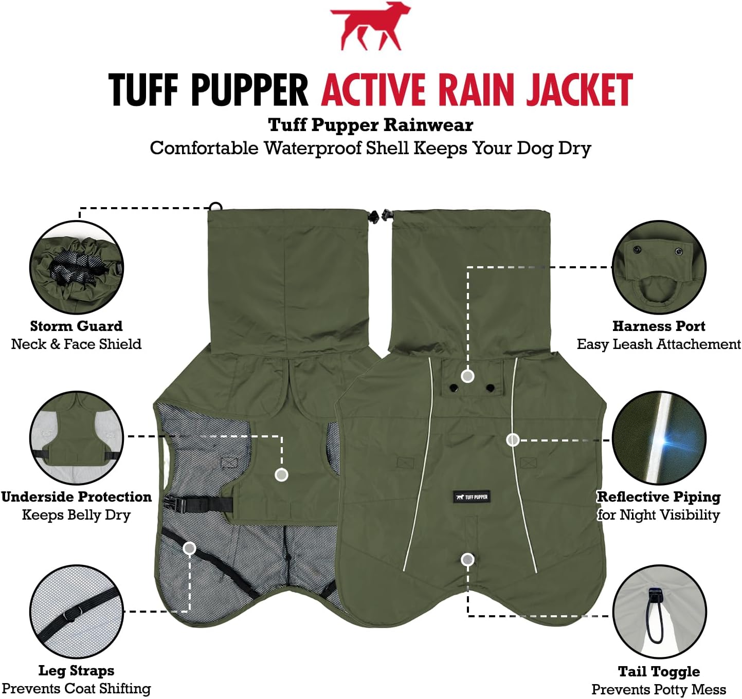 Tuff Pupper Waterproof Dog Raincoat | Full-Body Windproof Rain Jacket for Dogs | Reflective Strips | Breathable Mesh Lining | Adjustable Fit | Leash Port | Small Medium Large XL XXL Dogs (Olive, XL)