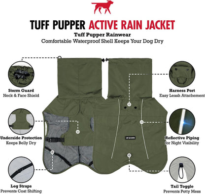 Tuff Pupper Waterproof Dog Raincoat | Full-Body Windproof Rain Jacket for Dogs | Reflective Strips | Breathable Mesh Lining | Adjustable Fit | Leash Port | Small Medium Large XL XXL Dogs (Olive, XL)