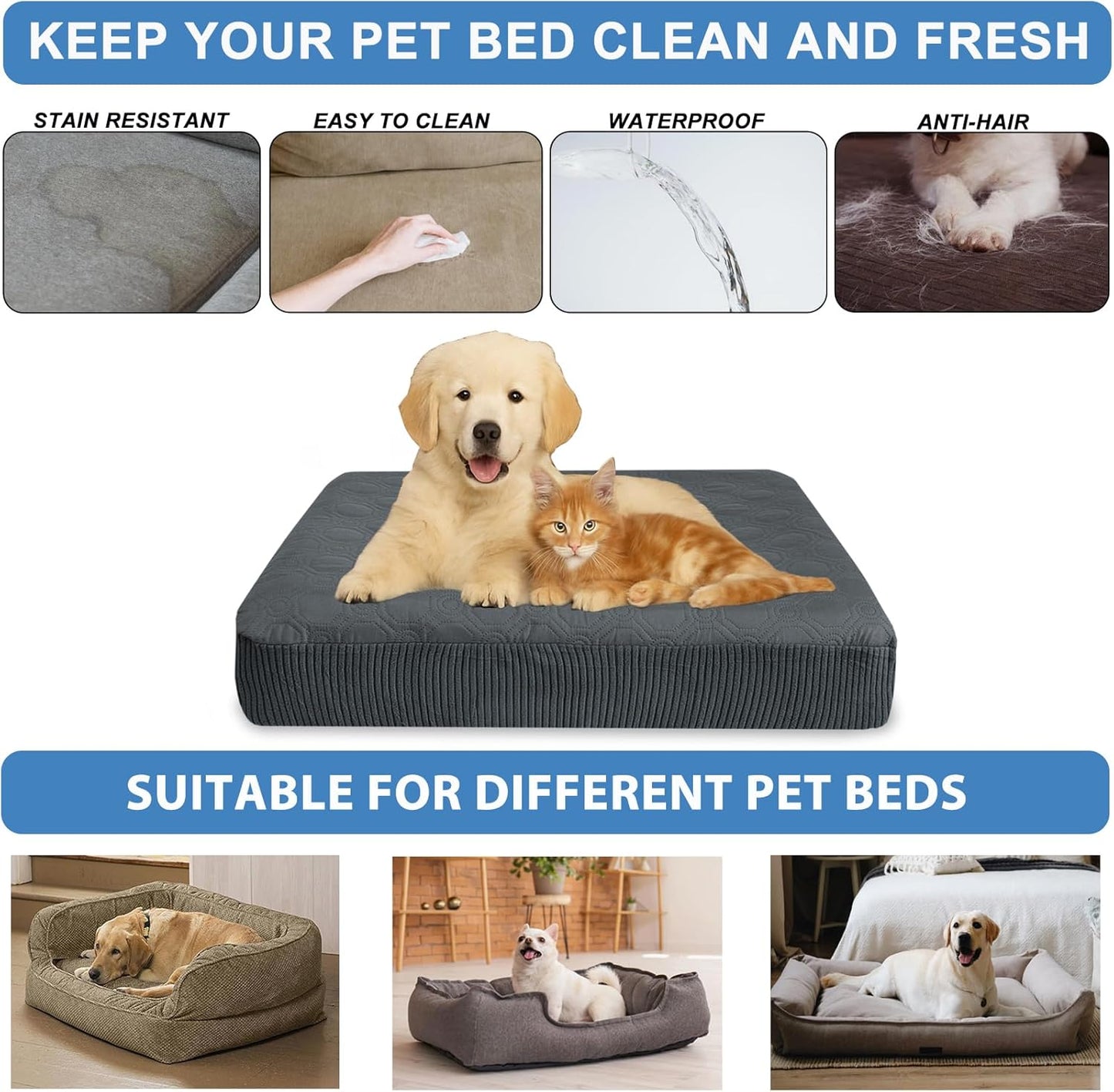 Dog Bed Cover Waterproof, Non-Slip Rectangular Pet Bed Protector for Dogs & Cats, Removable Washable Bed Sheet Replacement,44"x35"x8",Gray,2Pcs,Covers Only